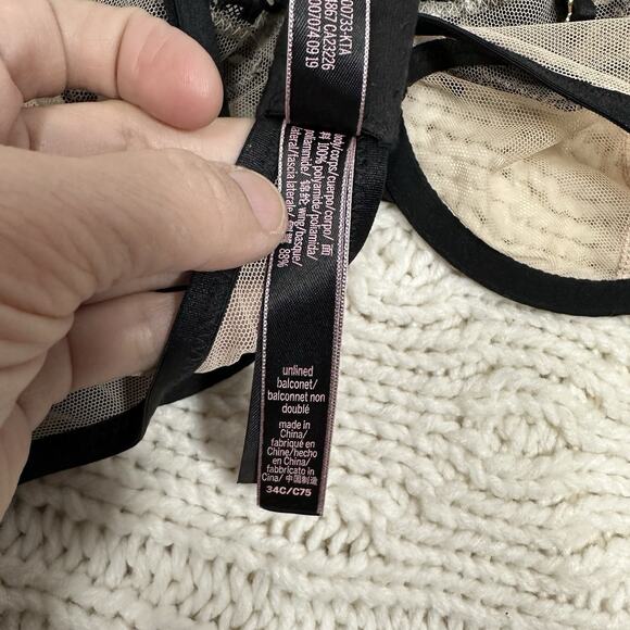 Victoria’s Secret Sheer Embroidered Balconette Bra Black Nude 34C Unlined Lace - Picture 2 of 5